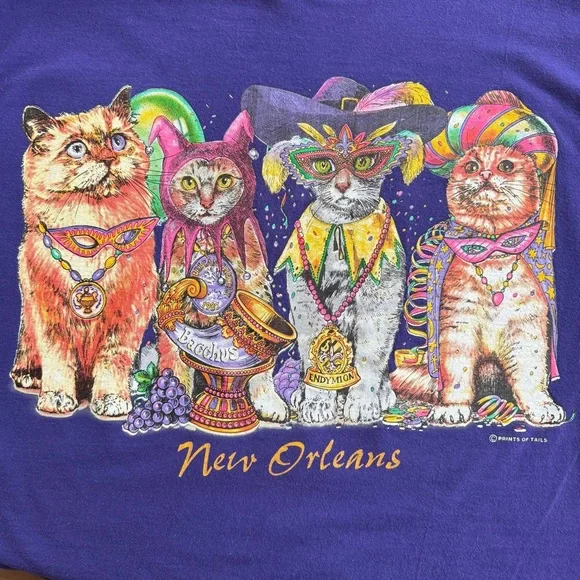 Vintage 90s Cropped New Orleans Mardi Gras Cat Front & Back Graphic Tee ~Size XL - Picture 5 of 9
